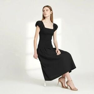 Caroline Constas womens Black Cotton Smocked Puff Sleeve Maxi Dress size Medium